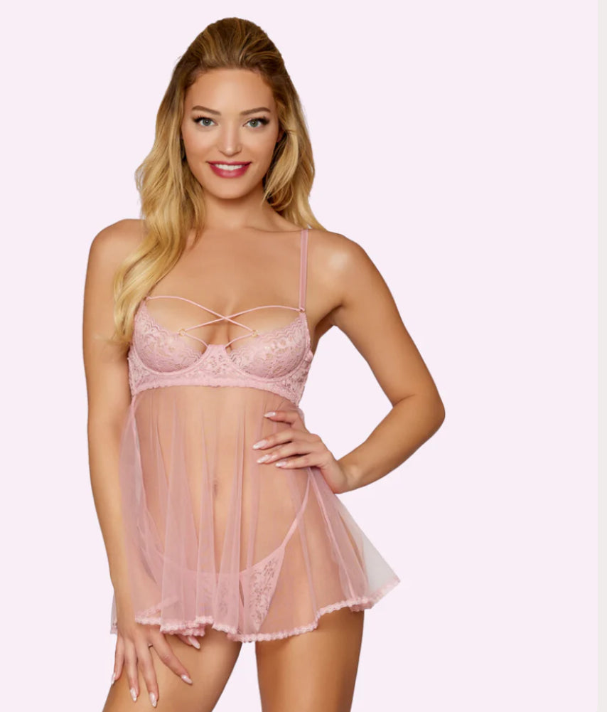 Peekaboo Lace & Mesh Babydoll Set - M, L, XL